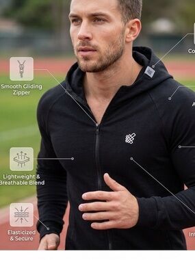Jed North Black Full-Zip lightweight runner Hoodie M spandex cotton
